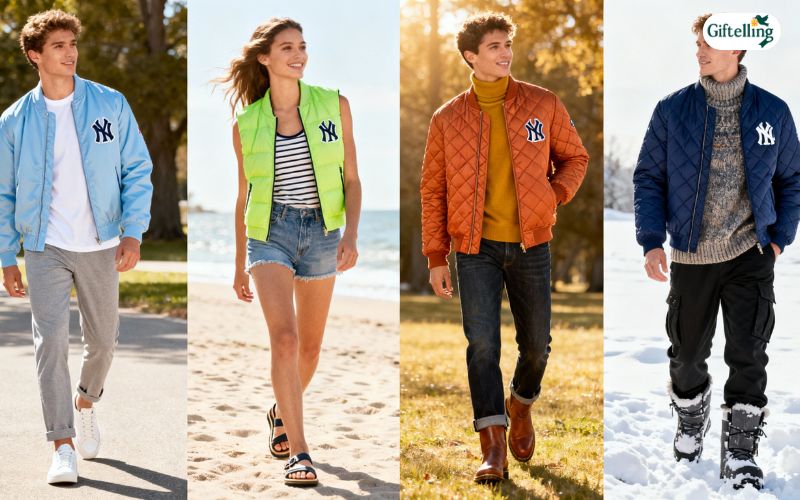 Seasonal MLB bomber jacket styling showing spring, summer, fall, and winter outfit adaptations