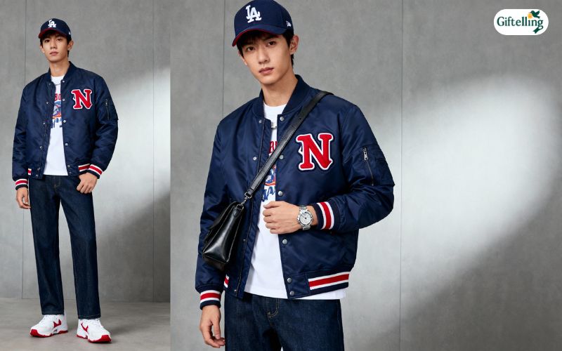 MLB bomber jacket outfits accessorized with caps, watches, bags, and other complementary items