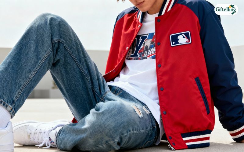 Casual weekend outfit featuring MLB bomber jacket styled with jeans, t-shirt, and sneakers