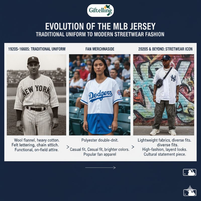 Evolution timeline of MLB jersey from traditional baseball uniform to modern streetwear fashion piece