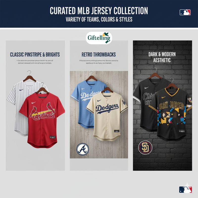 Curated MLB baseball jersey collection showing variety of teams colors and styles strategically organized