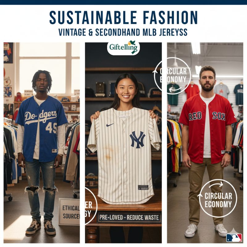 Sustainable secondhand vintage MLB baseball jerseys showing ethical fashion and circular economy approach