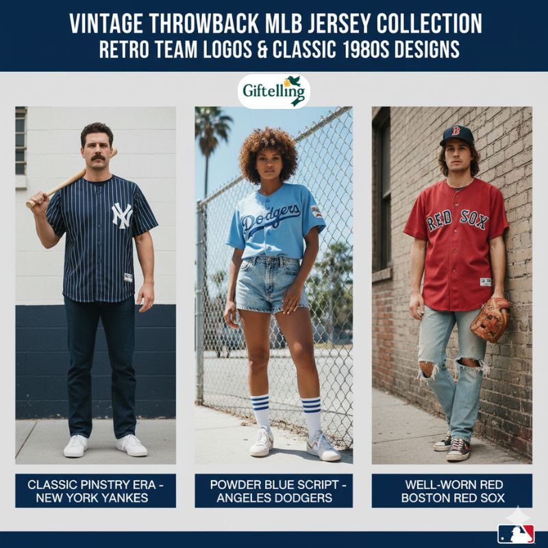 Vintage throwback MLB baseball jersey collection showing retro team logos and classic 1980s designs