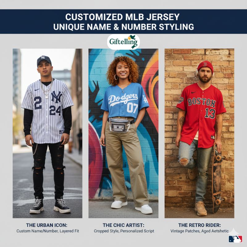 Social media influencer wearing MLB baseball jersey styled for street fashion with modern accessories