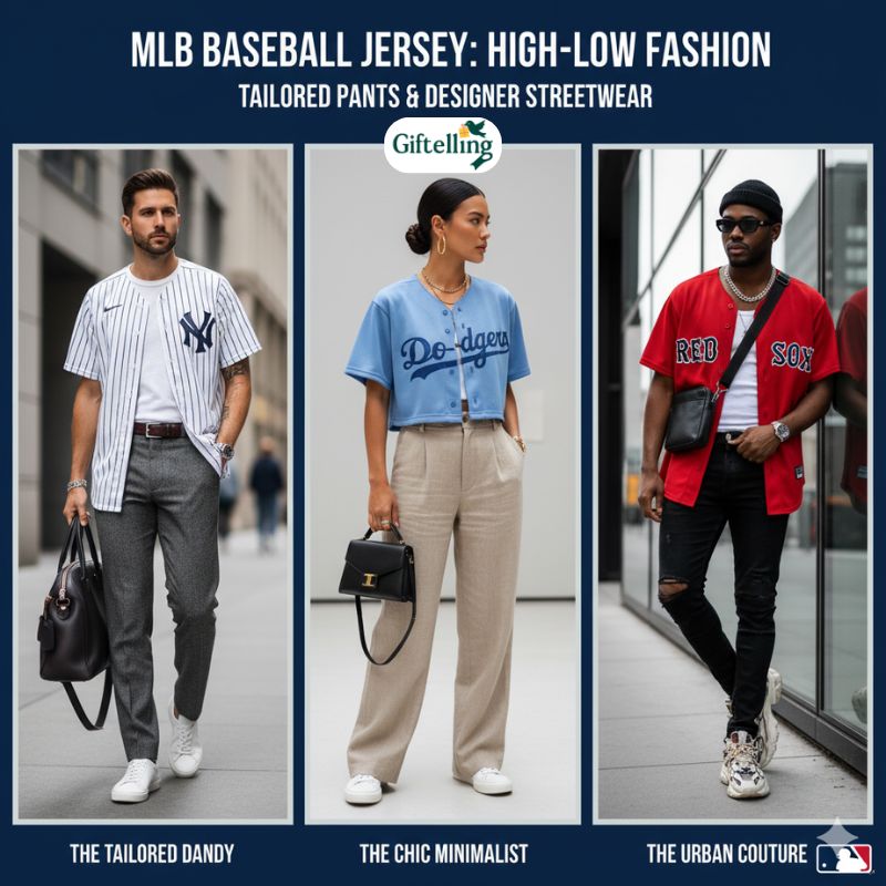 MLB baseball jersey high low fashion styling with tailored pants and designer accessories streetwear