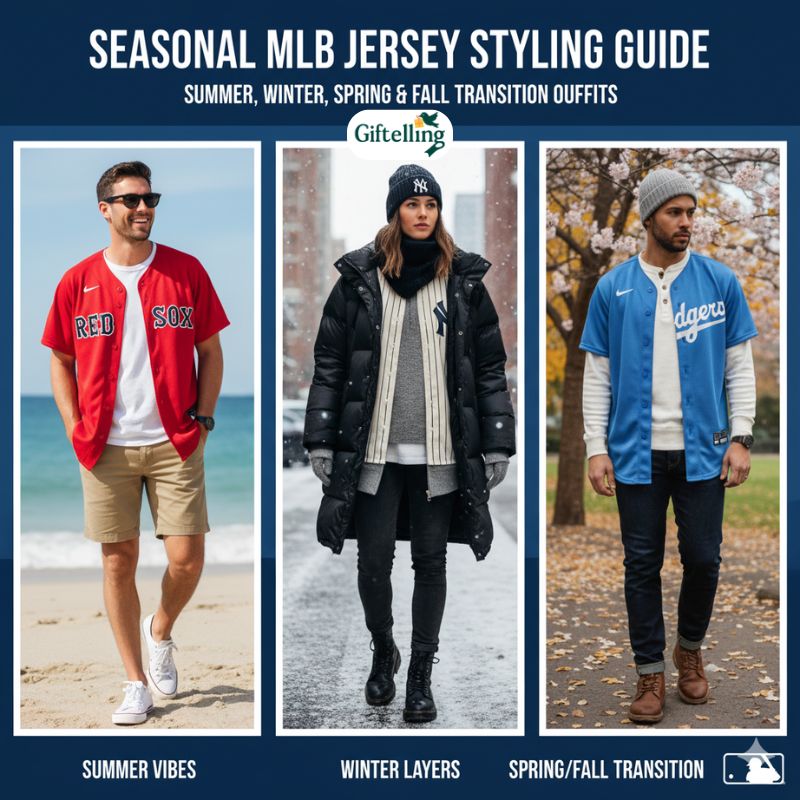Seasonal MLB jersey styling guide showing summer shorts winter layers spring fall transition outfits