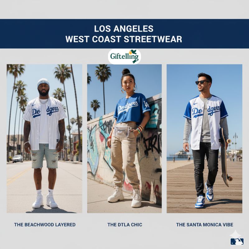 Los Angeles Dodgers MLB jersey styled with west coast streetwear aesthetic and urban fashion