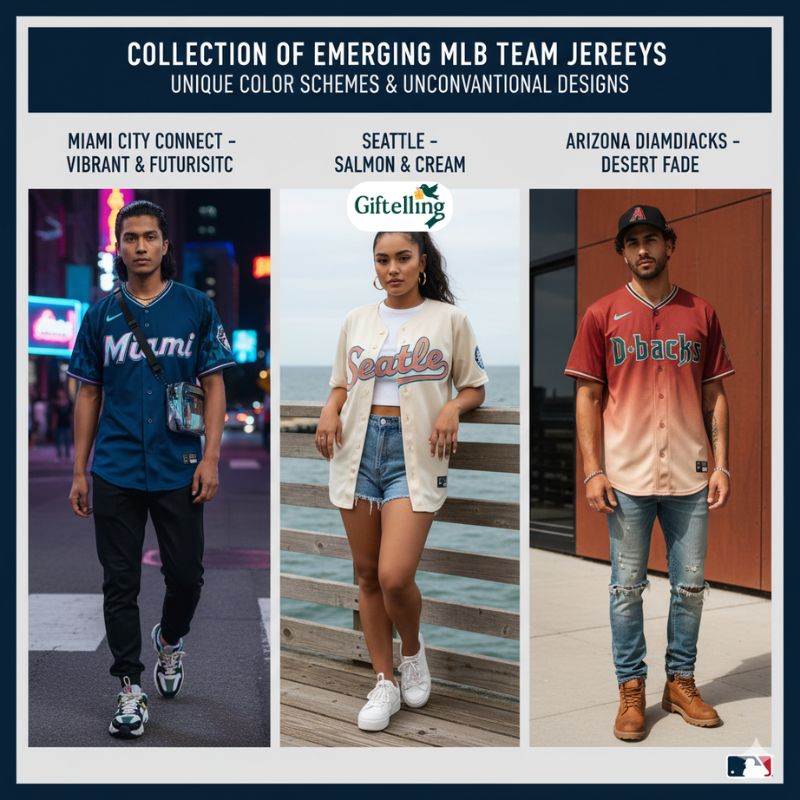  Collection of emerging MLB team jerseys showing unique color schemes and unconventional design choices