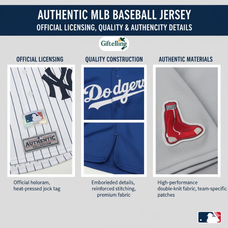 Authentic MLB baseball jersey showing official licensing tags holograms and quality construction details