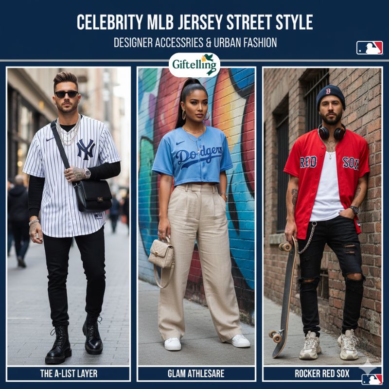 Celebrity wearing MLB baseball jersey styled fashionably with designer accessories urban setting