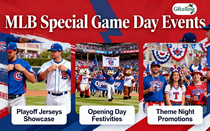 Special MLB game day events showing playoff jerseys, Opening Day celebrations, and theme night promotions