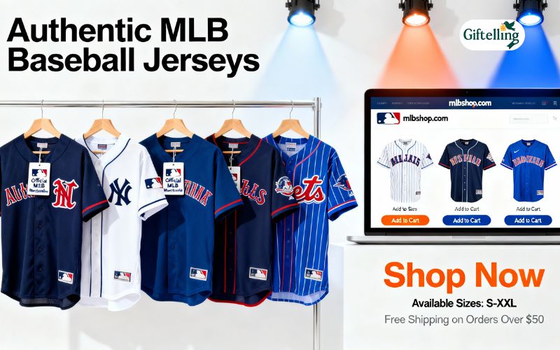 Authentic MLB baseball jersey shopping showing official merchandise displays and online purchasing options