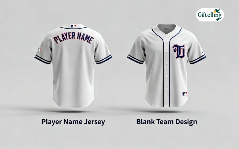 MLB jersey customization options showing player name jerseys versus blank team designs