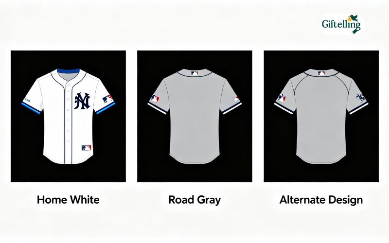 MLB team jersey color options including home white, road gray, and alternate designs displayed