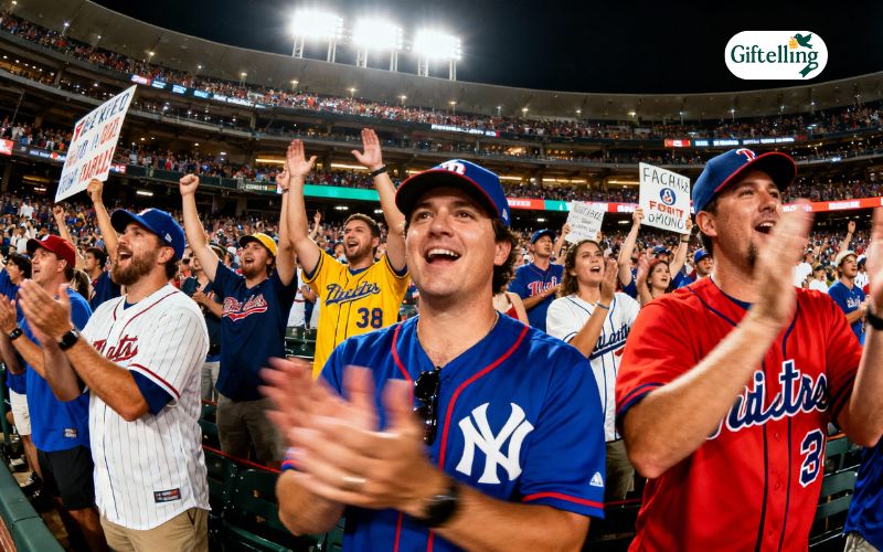 Baseball fans wearing colorful MLB jerseys cheering enthusiastically at stadium game day event