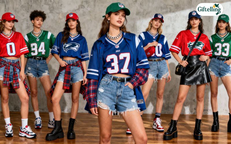 Women's NFL baseball jersey styling showing various creative outfit combinations