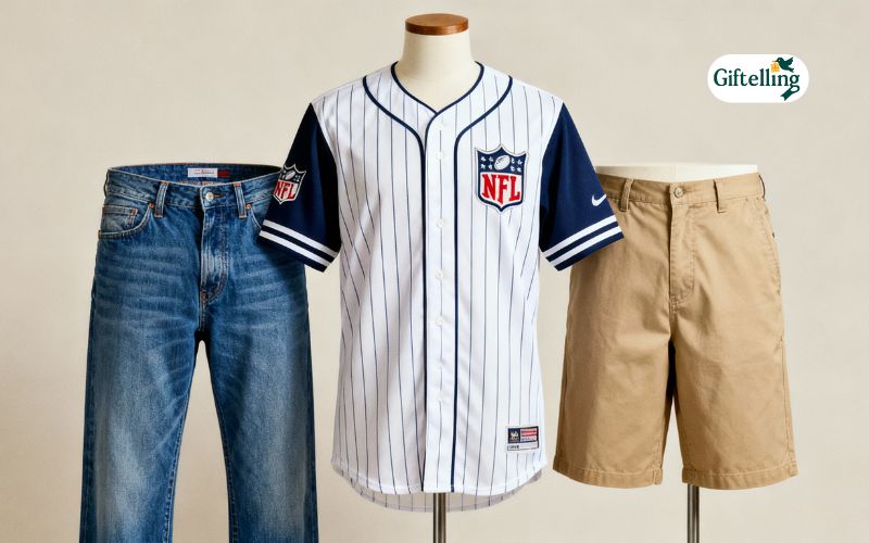 NFL baseball jersey paired with jeans and shorts showing various bottom options