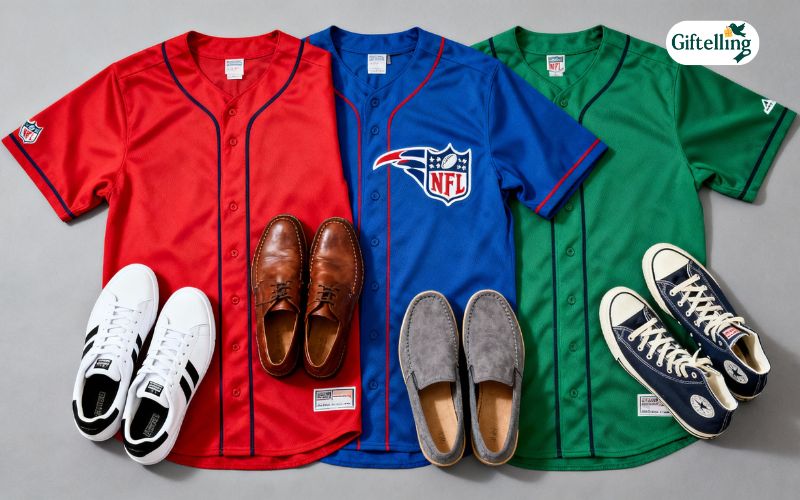 Various footwear options paired with NFL baseball jerseys showing sneakers and casual shoes