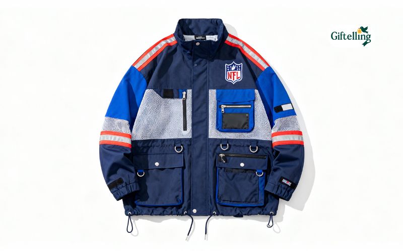NFL baseball jersey styled with utility jacket showing functional outdoor look