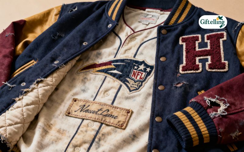 NFL baseball jersey paired with varsity jacket showing nostalgic athletic styling