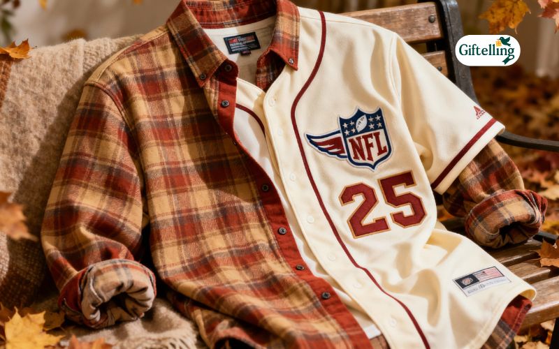 NFL baseball jersey layered with flannel shirt showing relaxed autumn styling