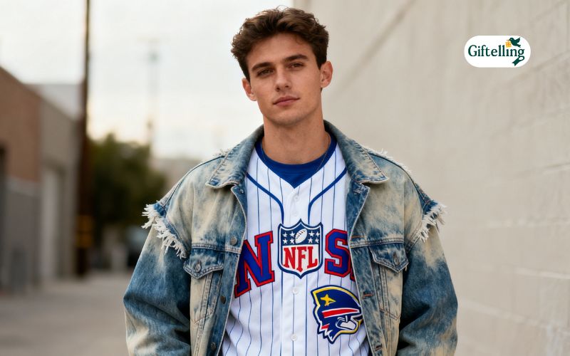 NFL baseball jersey layered under denim jacket showing refined casual styling