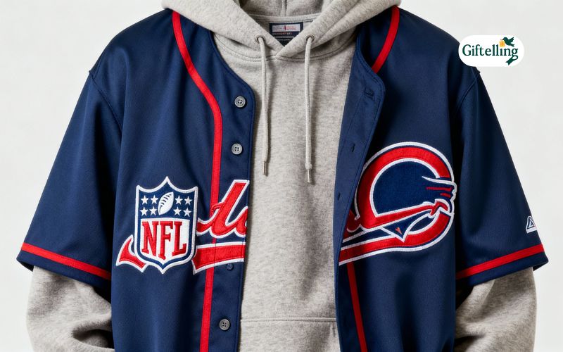 NFL baseball jersey styled over hoodie showing classic casual layering technique