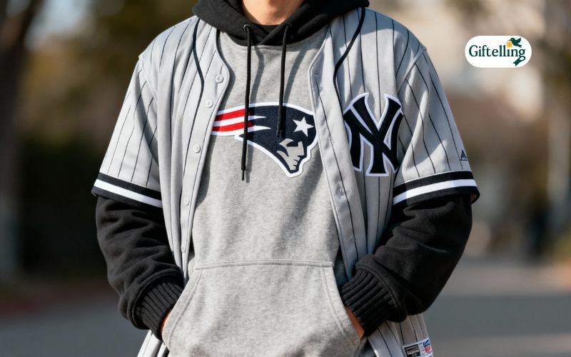 NFL baseball jersey styled over hoodie showing classic casual layering technique