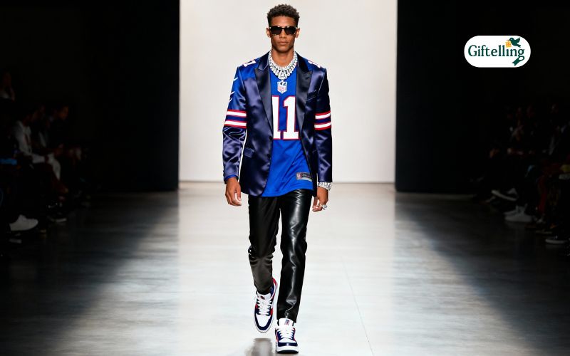 High fashion runway showing NFL jersey styled with luxury pieces and designer accessories