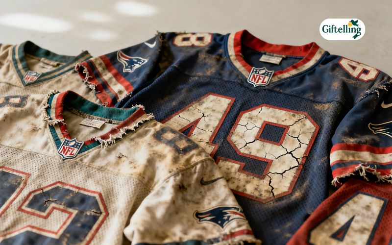 Vintage NFL jersey collection showing authentic retro designs and aged characteristics