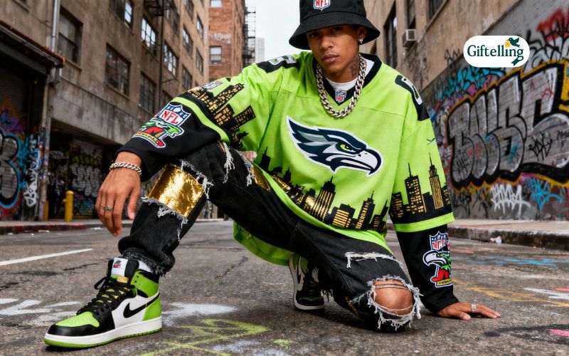 Hip-hop inspired NFL jersey streetwear outfit showing urban fashion influence