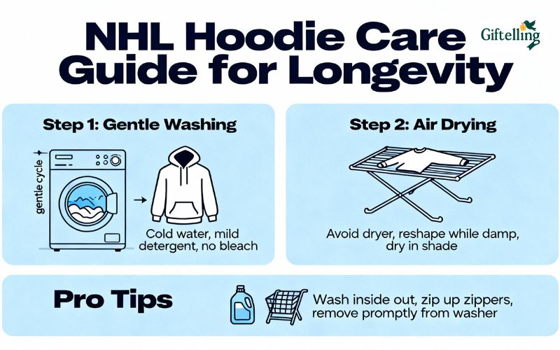 Proper NHL hoodie care showing gentle washing techniques and air drying methods for longevity
