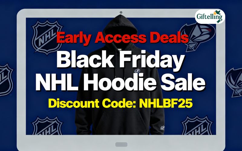 Black Friday NHL hoodie sale banner on computer screen showing early access deals and discount codes