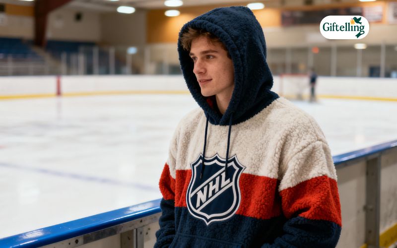 Hockey fan wearing cozy NHL hoodie at ice rink showing team colors and comfortable winter style