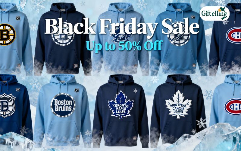 NHL hockey hoodie collection displayed with icy blue background showing multiple team logos during Black Friday sale