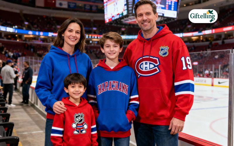Family wearing matching NHL hockey hoodies in various sizes from kids to adults at hockey game