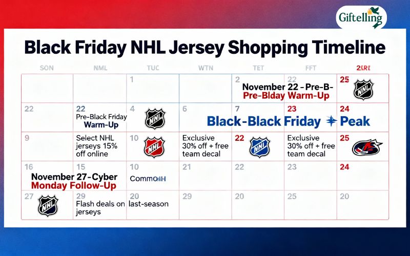 Black Friday shopping timeline calendar showing optimal dates for NHL jersey purchases and deals