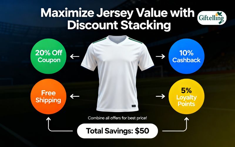 Discount stacking illustration showing multiple savings methods combined for maximum jersey value