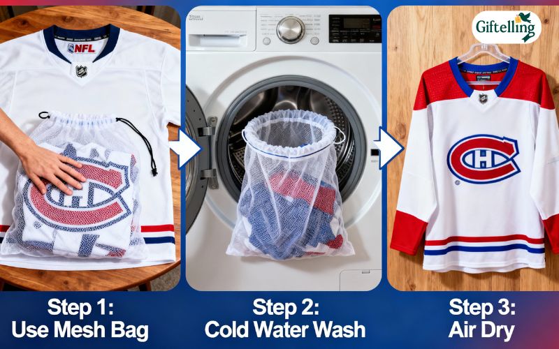 Proper NHL jersey care demonstration showing gentle washing and air drying methods