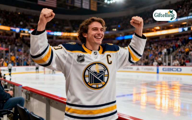 Hockey fan wearing authentic NHL jersey celebrating at ice arena showing passionate team spirit