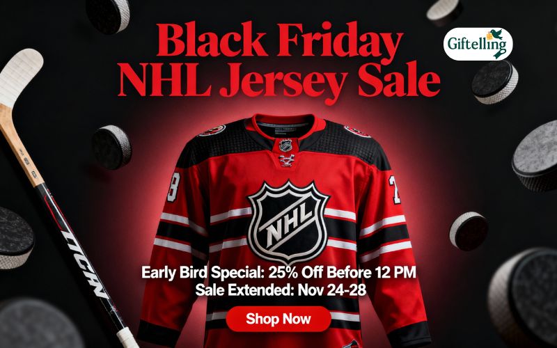 Black Friday NHL jersey sale banner showing early bird specials and extended shopping timeline