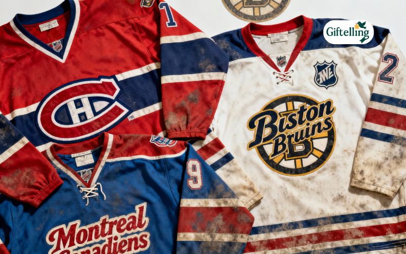 Vintage throwback NHL hockey jerseys showing classic retro designs and historical team logos