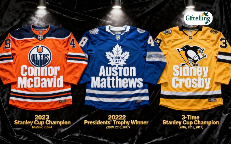 Popular NHL superstar jerseys displayed showing current player names and championship achievements
