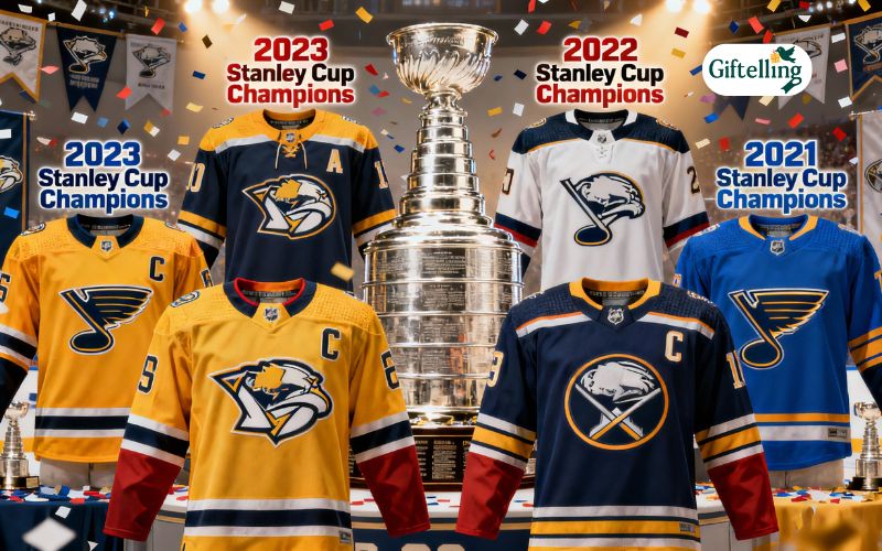 Stanley Cup champion NHL jerseys showing recent winners and championship celebration themes