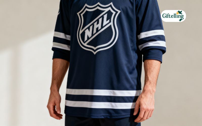 Proper NHL jersey fit demonstration showing correct length and sleeve proportions on fan