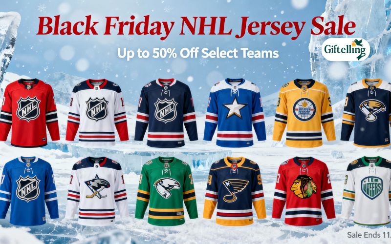 NHL hockey jersey collection displayed with winter sports vibe showing multiple team designs during Black Friday sale