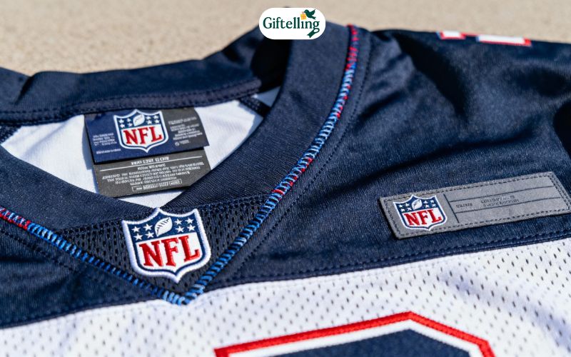 Authentic NFL jersey quality details showing official tags, stitching, and licensing information