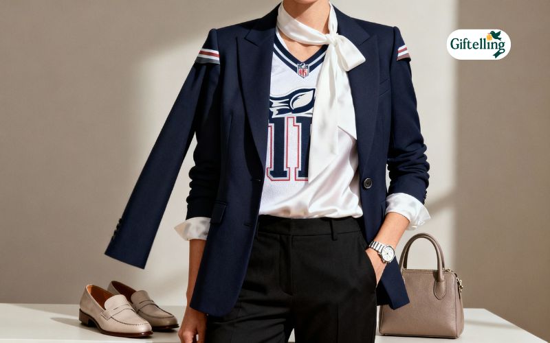 Professional workplace outfit featuring NFL jersey styled appropriately for office environment