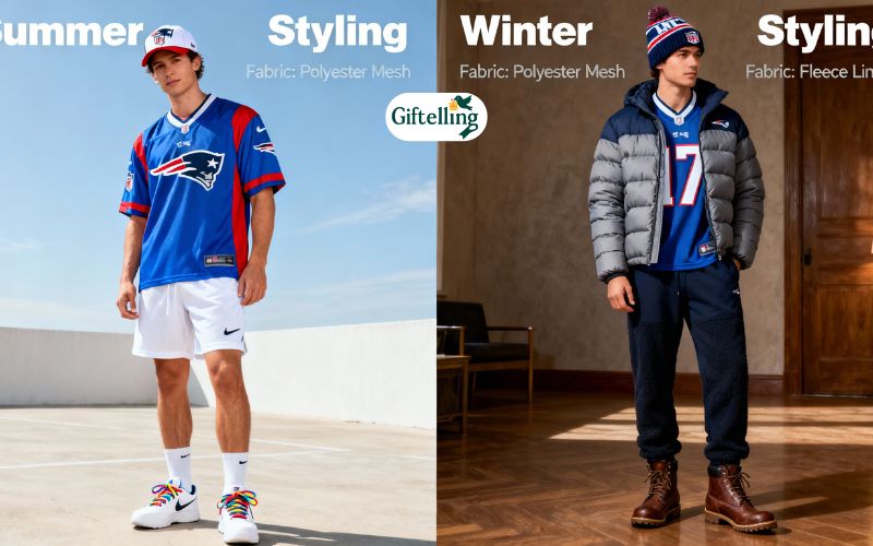 Seasonal NFL jersey outfit combinations showing summer and winter styling options