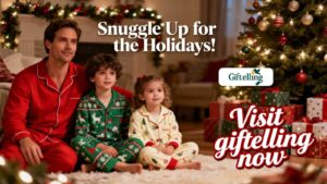 Black Friday cozy pajama set banner with holiday home decorations and discount offers